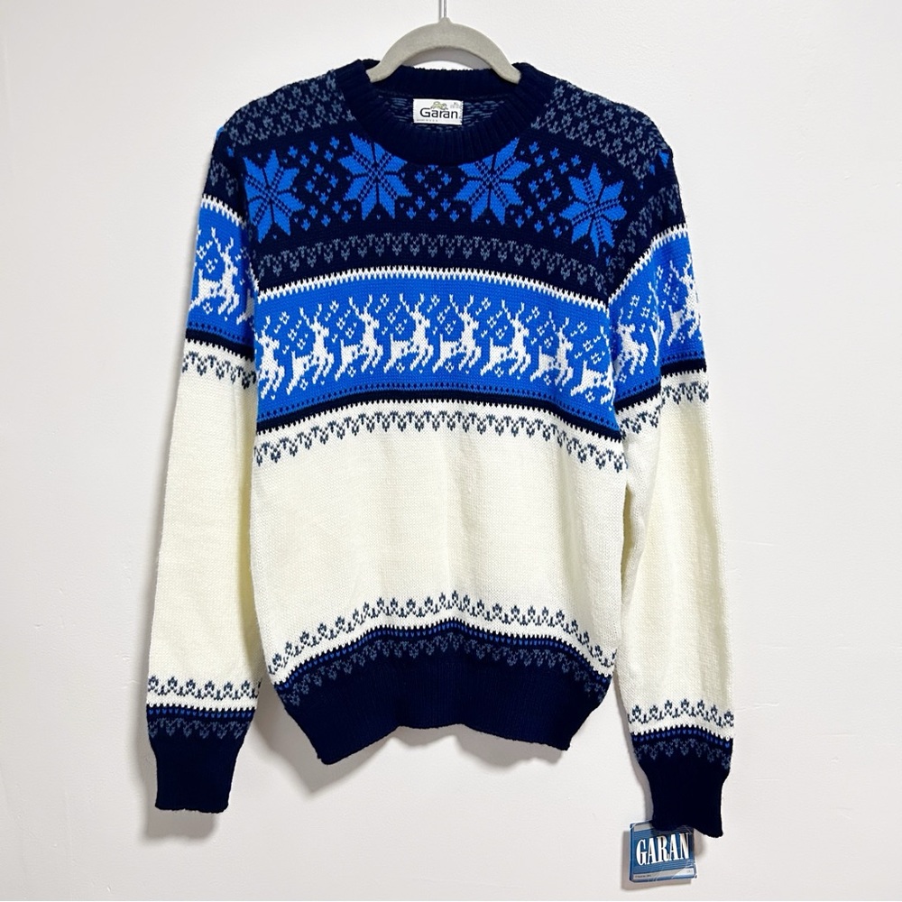 New Vintage Christmas Sweater Garan Women’s XL Blue Navy Cream Crewneck Reindeer